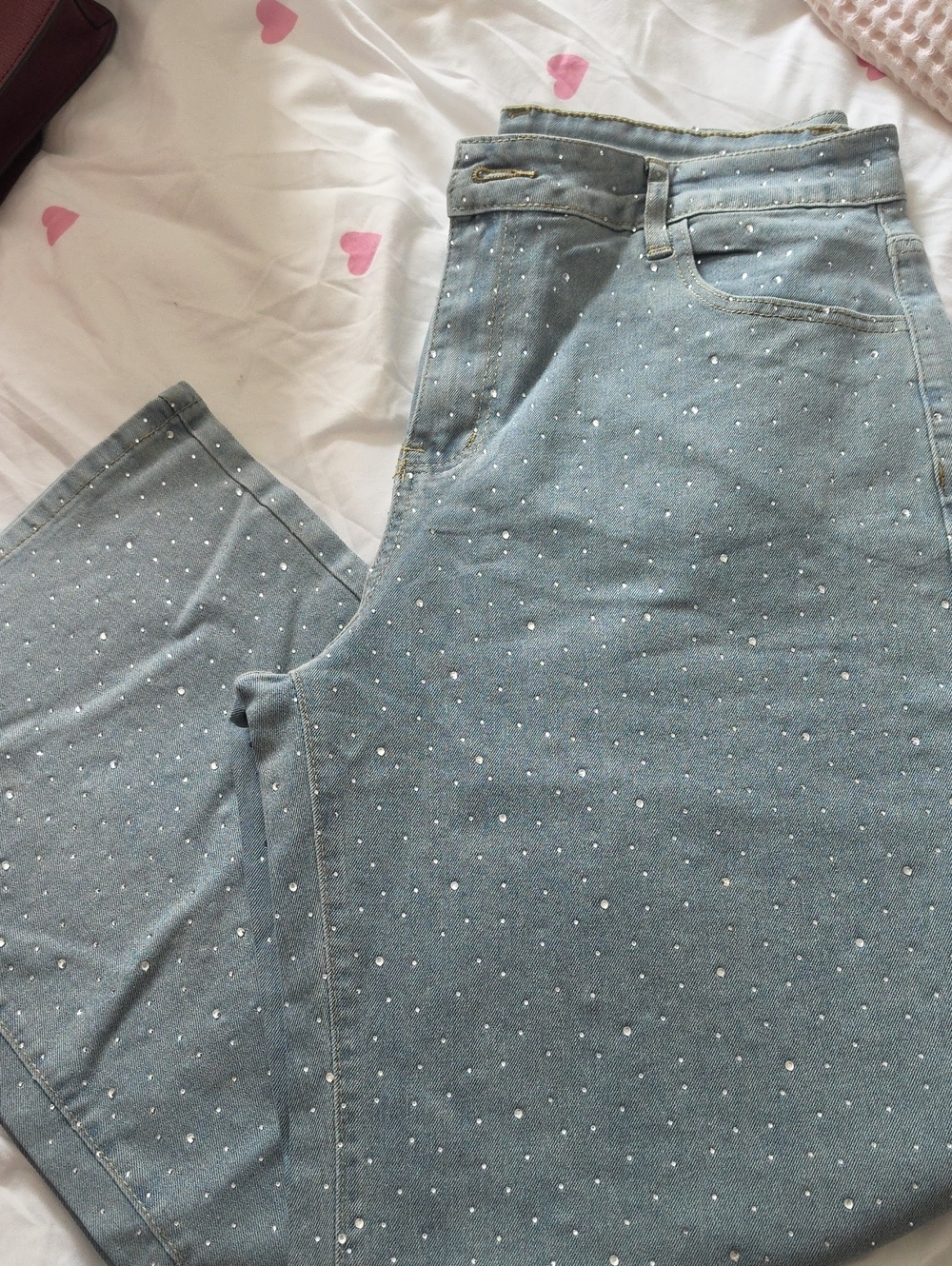 Women's Light Blue Rhinestone Straight Jeans